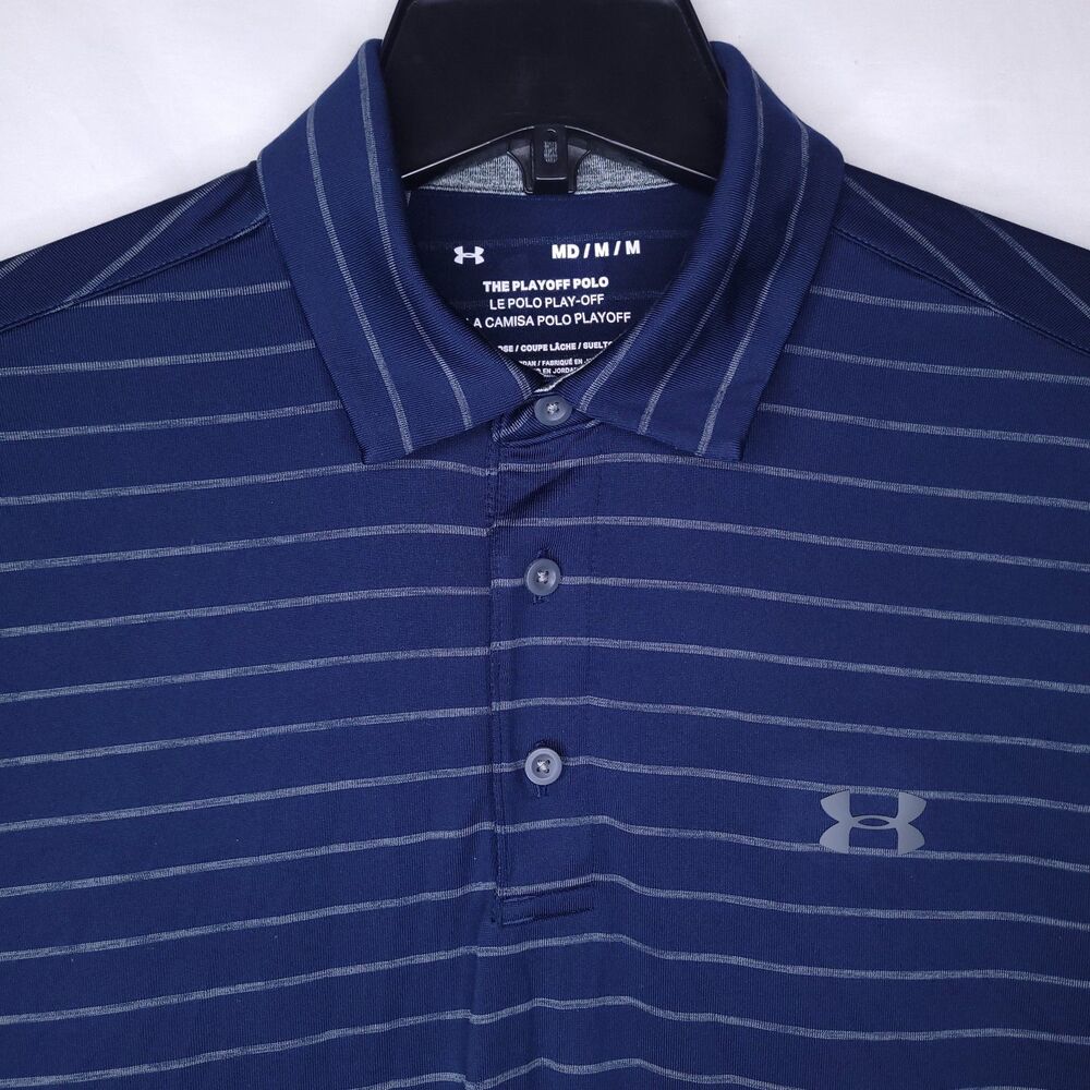 Under Armour Playoff Polo Shirt Mens Medium Striped Navy Blue